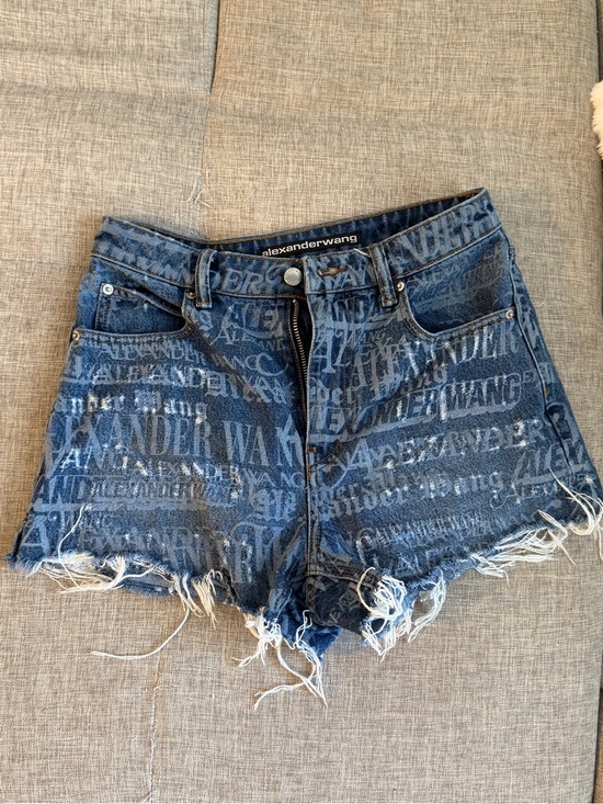 Alexander Wang Pants - Alexander Wang Distressed Logo-Print Indigo Denim Shorts